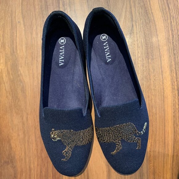 Vivaia shoe, lofer, slide on, never worn, sz 37,cheetah embroidery, navy, - Picture 1 of 16